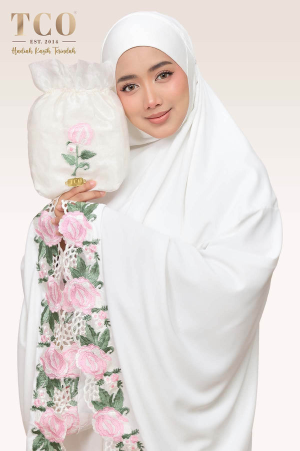 Telekung Nuur Fleur in Off White Soft Pink