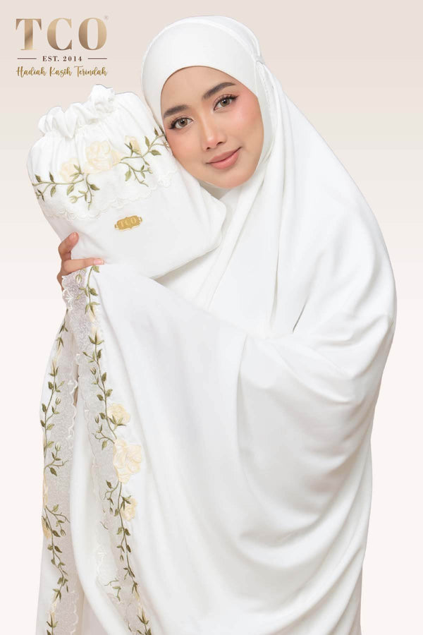 Telekung Nuur Rose in Off White Cream