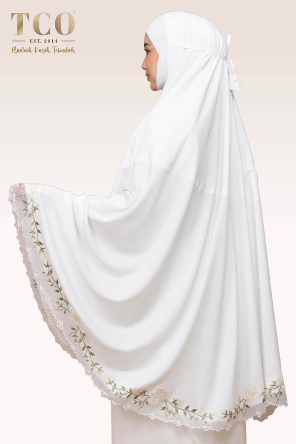 Telekung Nuur Rose in Snow White Ivory