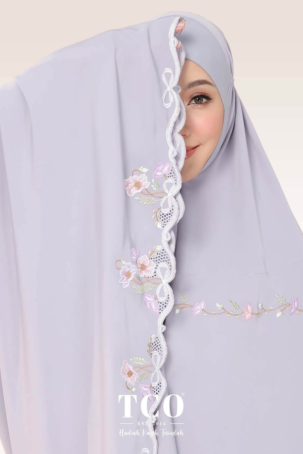 Telekung Blossom Luxe in Gray Lilac
